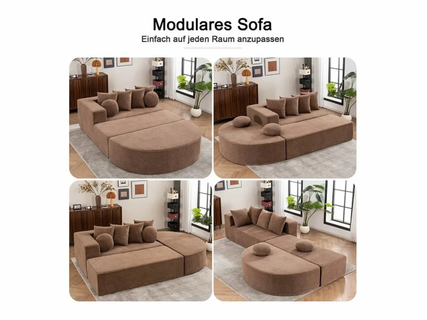 Sofá panorámico 5 plazas modular - de tejido Chenilla marrón - con 6 cojines - 263x171x66cm^DripeX New