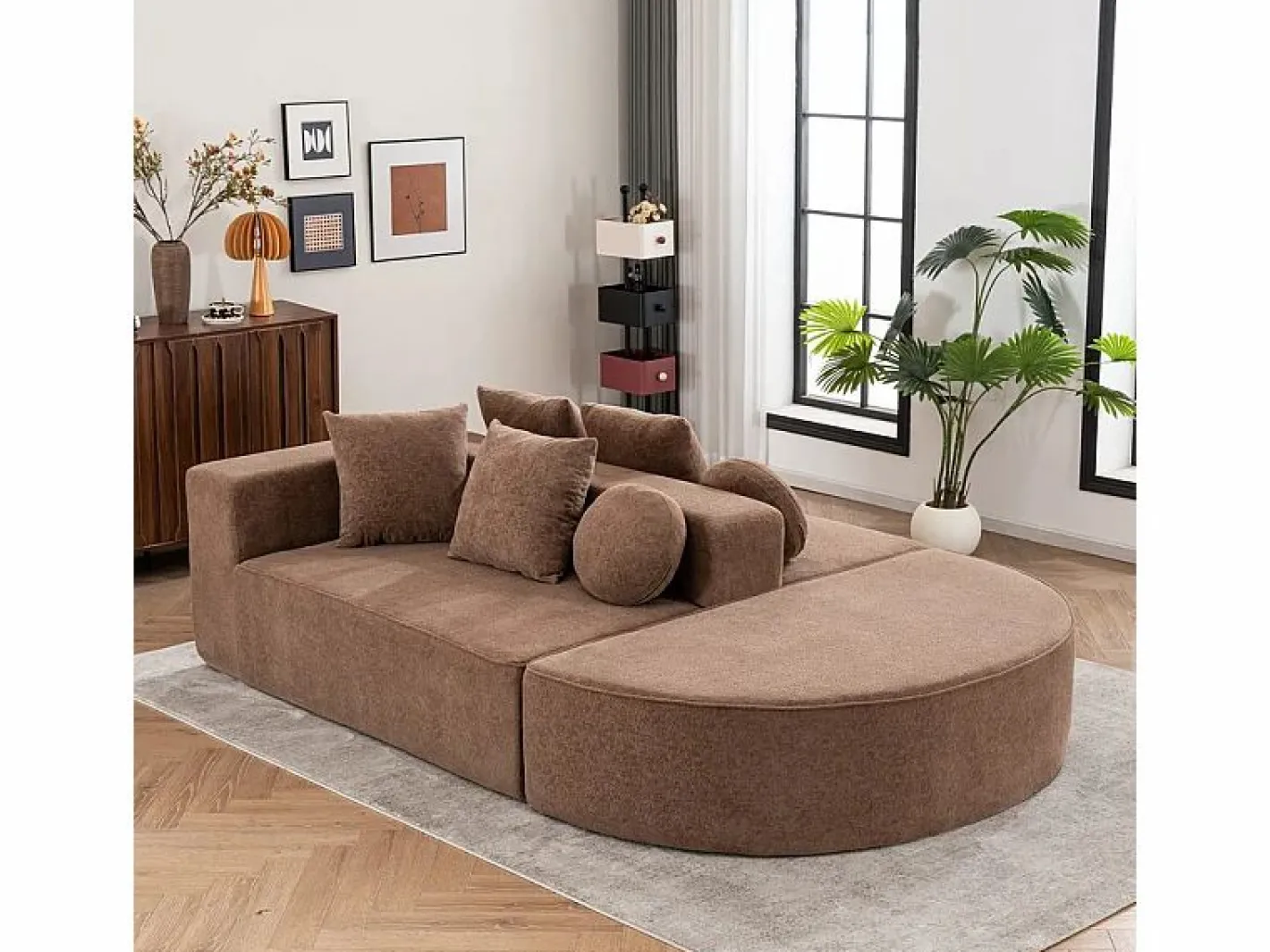 Sofá panorámico 5 plazas modular - de tejido Chenilla marrón - con 6 cojines - 263x171x66cm^DripeX New