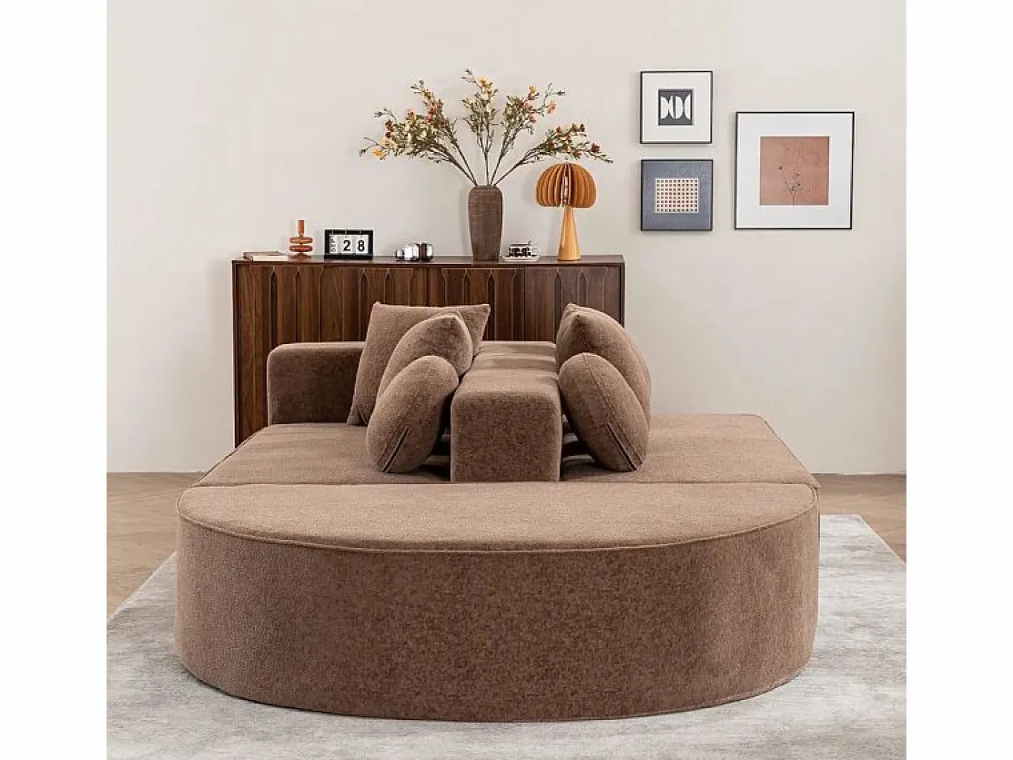 Sofá panorámico 5 plazas modular - de tejido Chenilla marrón - con 6 cojines - 263x171x66cm^DripeX New