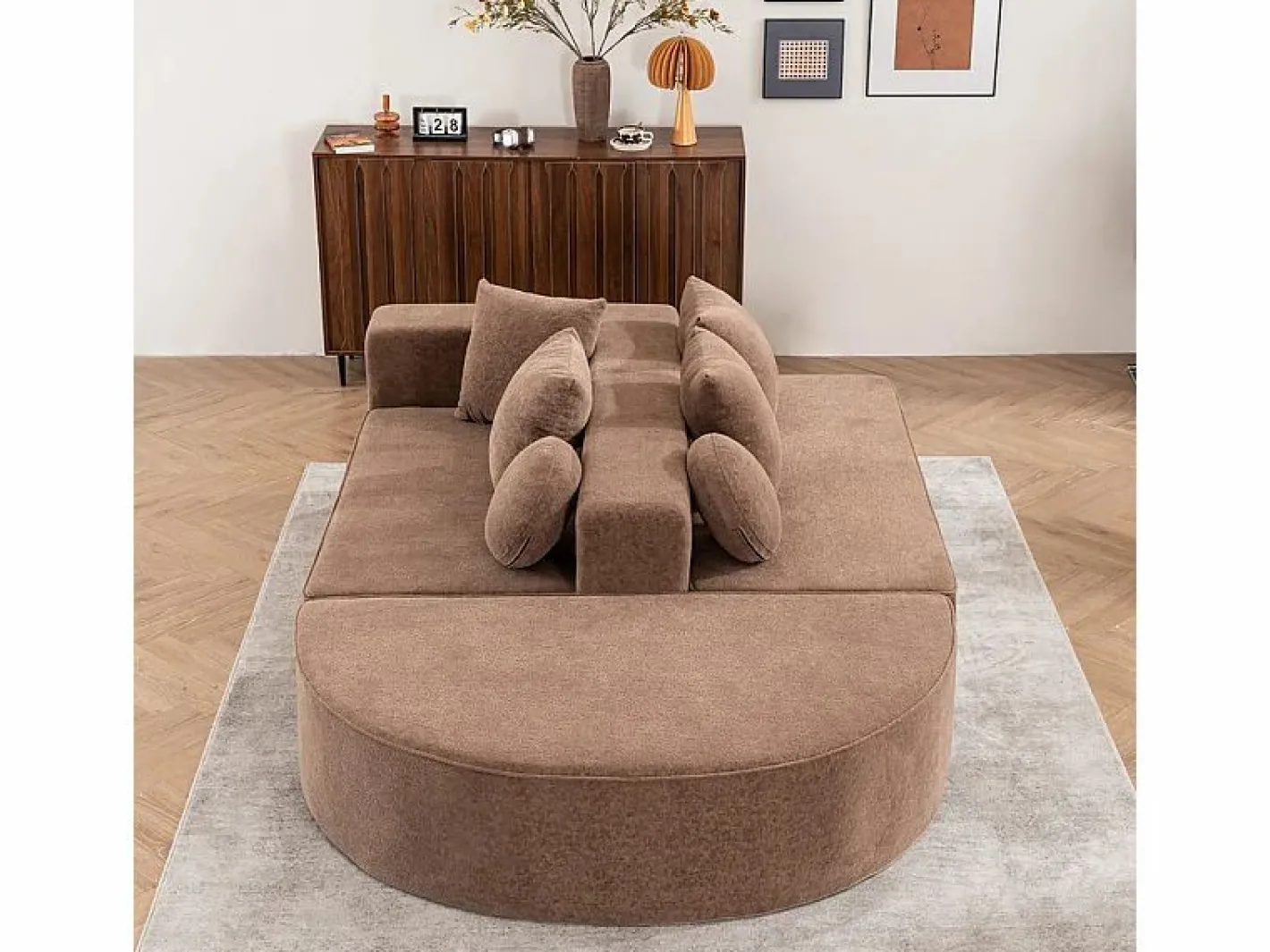 Sofá panorámico 5 plazas modular - de tejido Chenilla marrón - con 6 cojines - 263x171x66cm^DripeX New