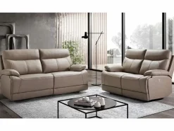 Sofá reclinable eléctrico de cuero Ducka-Marrón claro-Sistema Eléctrico-3 plazas^Les Tendances New