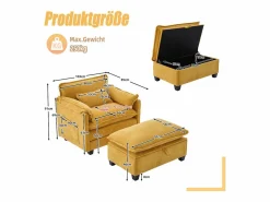 Sofá recto - Sofá con bolsillos laterales y reposapiés con espacio de almacenamiento - para sala de estar y dormitorio Amarillo Clearance