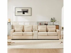 Sofá recto de 4 plazas con consola - 2 portavasos y USB - bolsillos laterales y 4 almohadas - tejido de lino^ Online