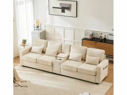 Sofá recto de 4 plazas con consola - 2 portavasos y USB - bolsillos laterales y 4 almohadas - tejido de lino^ Online