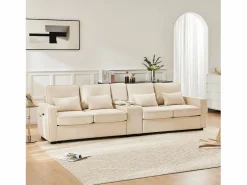 Sofá recto de 4 plazas con consola - 2 portavasos y USB - bolsillos laterales y 4 almohadas - tejido de lino^ Online