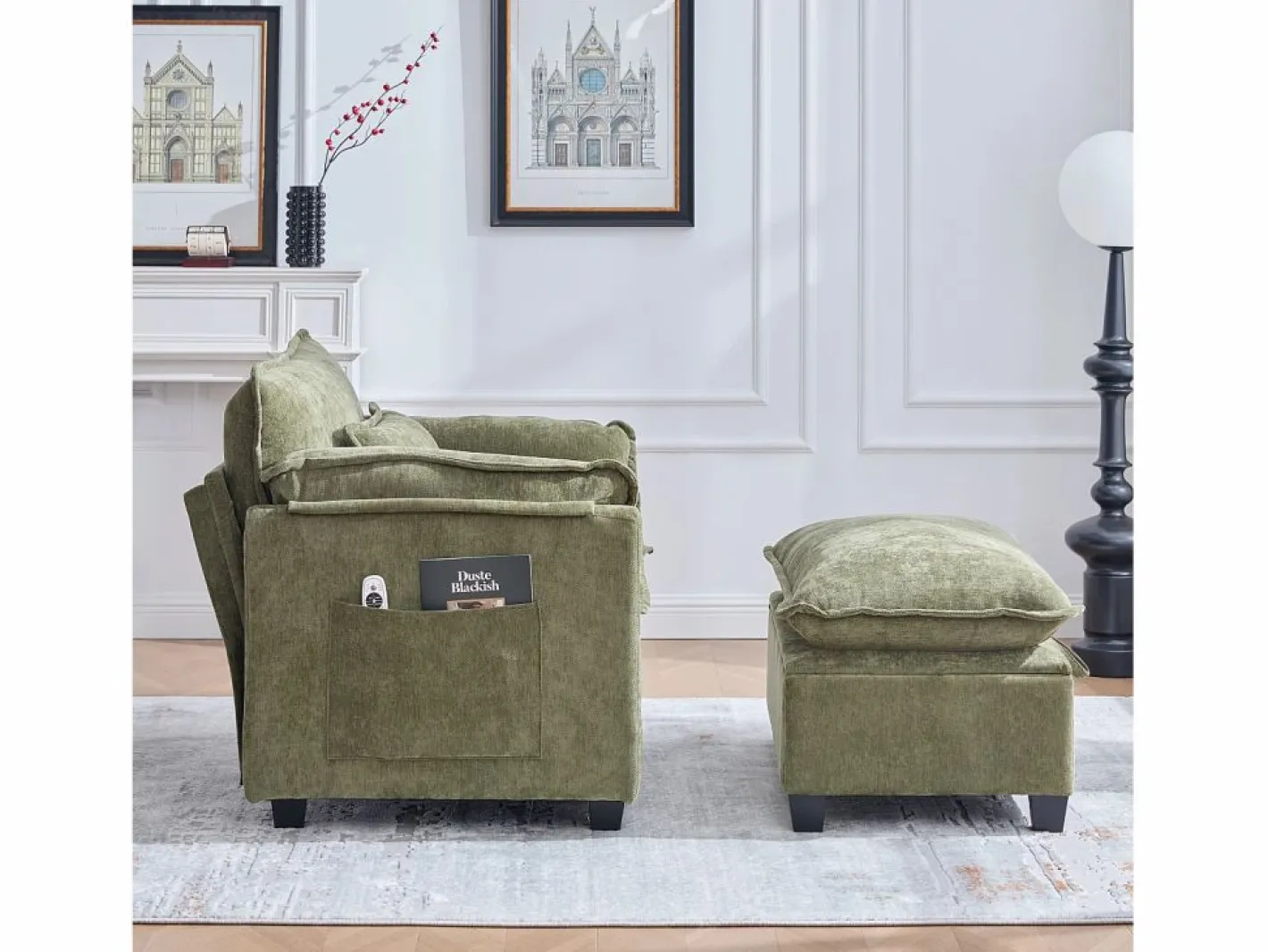 Sofá recto - Sofá con bolsillos laterales y reposapiés con espacio de almacenamiento - para sala de estar y dormitorio Verde Best