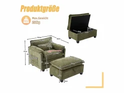 Sofá recto - Sofá con bolsillos laterales y reposapiés con espacio de almacenamiento - para sala de estar y dormitorio Verde Best