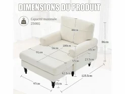Sillón Escandinavo|Sofá Relax de 1 Plaza en Felpa - Respaldo Envolvente - Asiento Extra Profundo 100cm - Estructura 250kg - Ideal para Salón, Oficina y Balcón - Pies de Madera Maciza