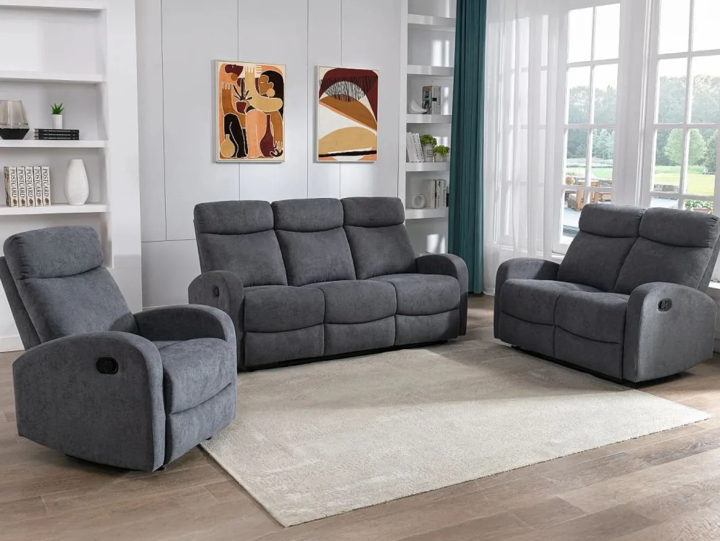 Vente-unique Sofá relax de 3 plazas de tela estilo contemporáneo EVELYN Gris Clearance