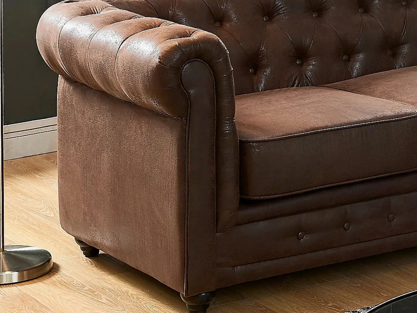 Vente-unique Sofá rinconera de microfibra envejecida color marrón CHESTERFIELD Marru00f3n Clearance