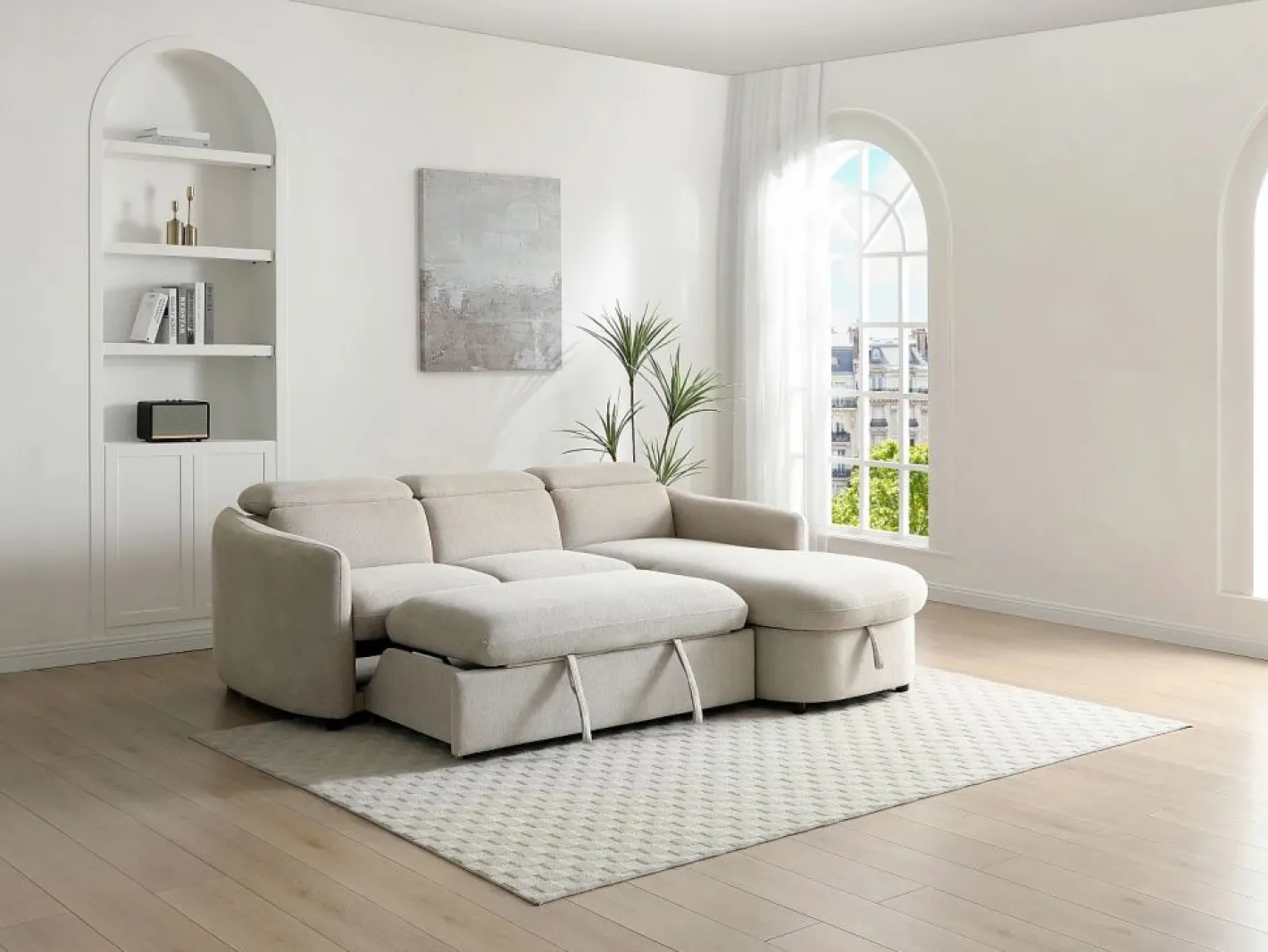 Vente-unique Sofá rinconera derecha convertible de tela RAVIELA Beige Discount