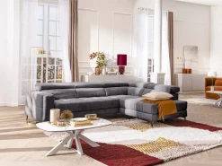 Vente-unique Sofá Relax|Sofá rinconera derecha relax eléctrico con asiento deslizante de tela antracita MONISO