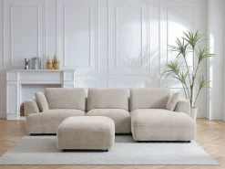 Vente-unique Sofá rinconera derecha y puf en tela TINDRALO Beige New