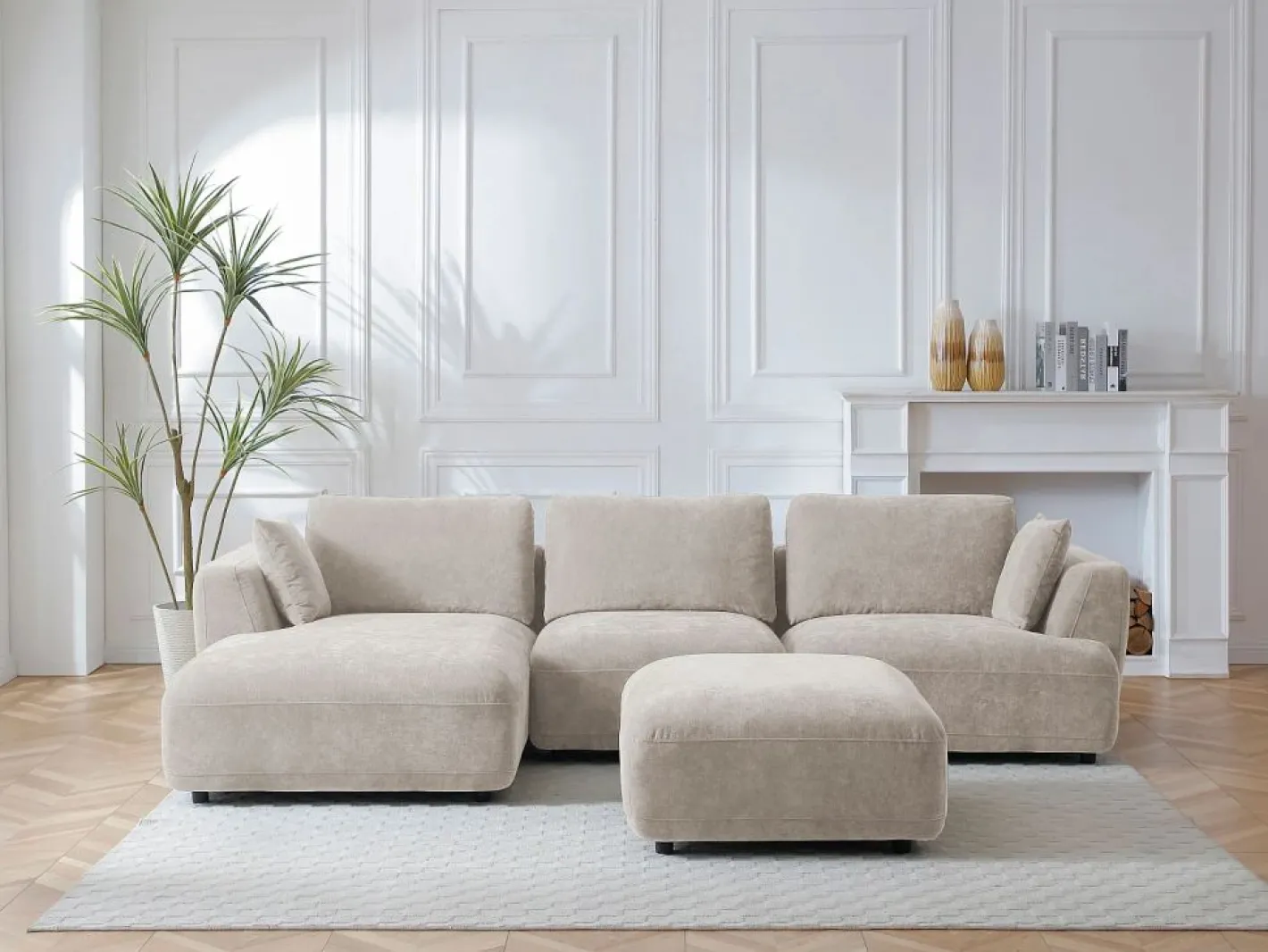 Vente-unique Sofá rinconera izquierda y puf en tejido TINDRALO Beige