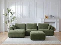 Vente-unique Sofá rinconera izquierda y puf de tela TINDRALO Verde Outlet