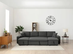 Vente-unique Sofá Xxl|Sofá rinconera panorámico convertible con almacenamiento y pufs en tejido antracita SELIM