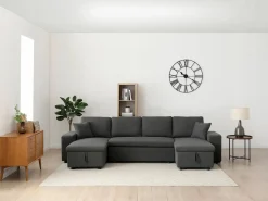 Vente-unique Sofá Xxl|Sofá rinconera panorámico convertible con almacenamiento y pufs en tejido antracita SELIM