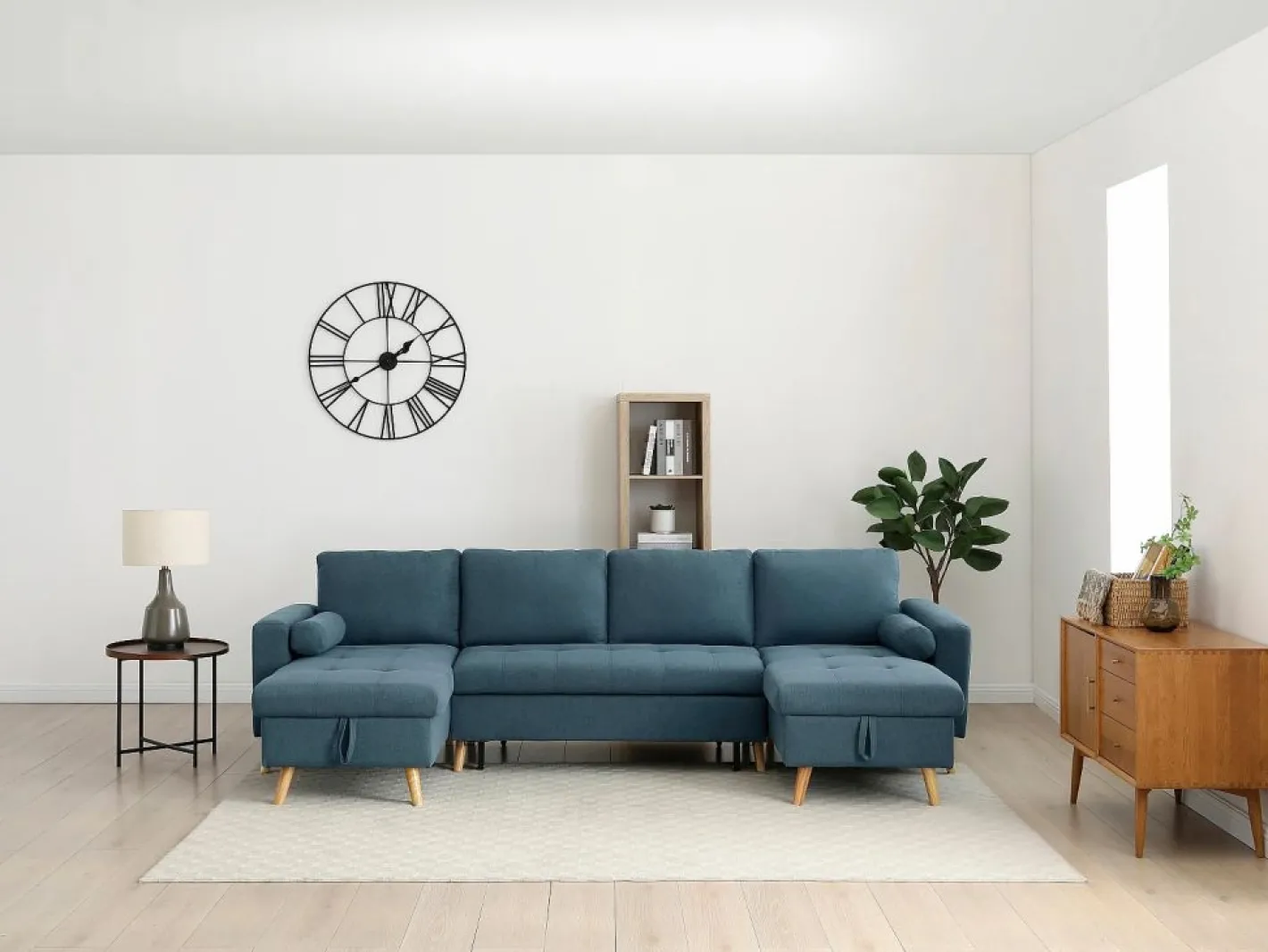 Vente-unique Sofá Escandinavo|Sofá Xxl|Sofá rinconera panorámico convertible en tela azul petróleo KORI