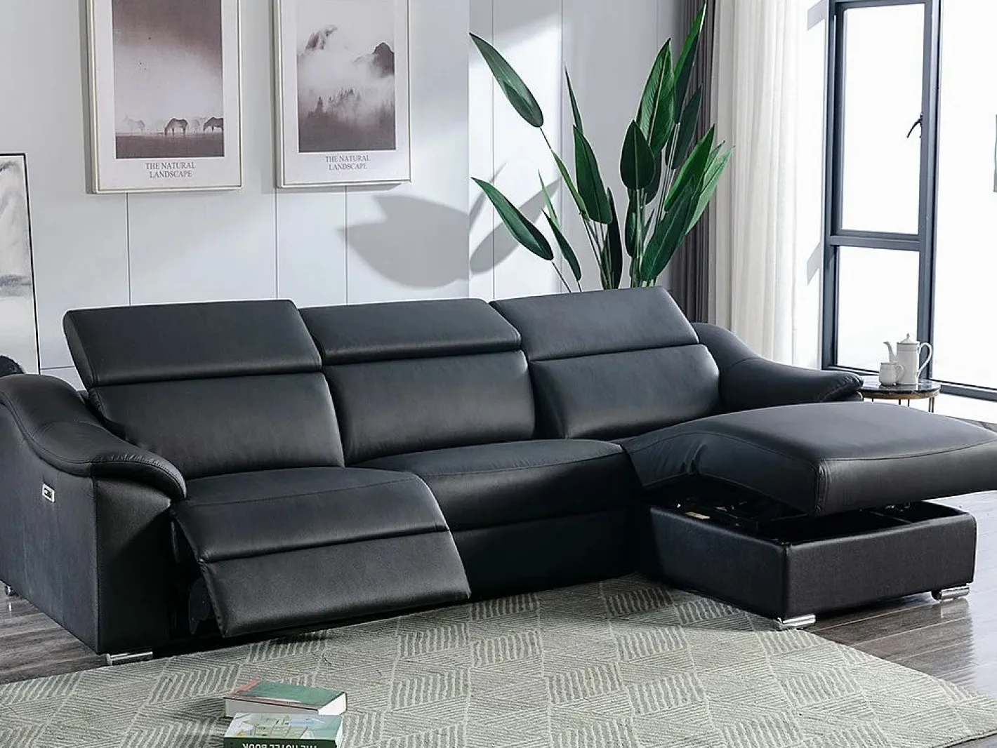 LINEA SOFA Sofá rinconera relax de piel de calidad superior - Ángulo derecho - PEDRERA Negro Discount