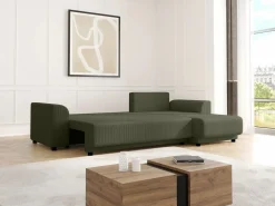 Vente-unique Sofá De Terciopelo|Sofá - 4 Plazas|Sofá rinconera reversible de pana verde NESSARO