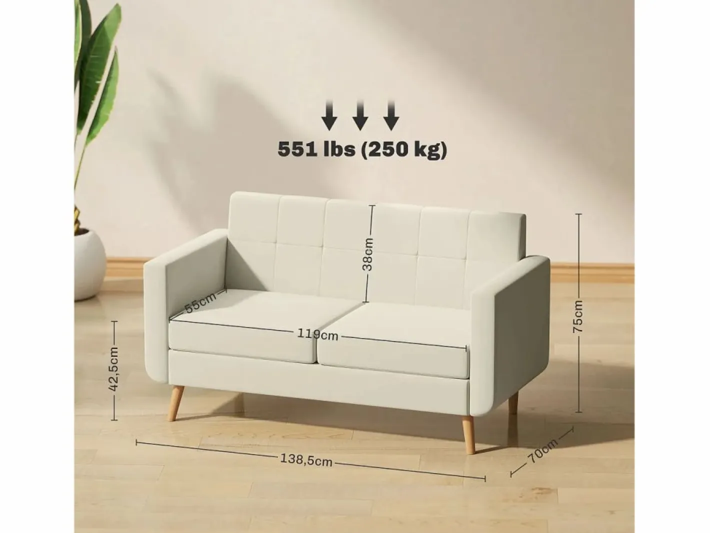 Homcom Sofá Escandinavo|Sofá Sere 2 plazas con reposabrazos crema 75x138,5x70 cm