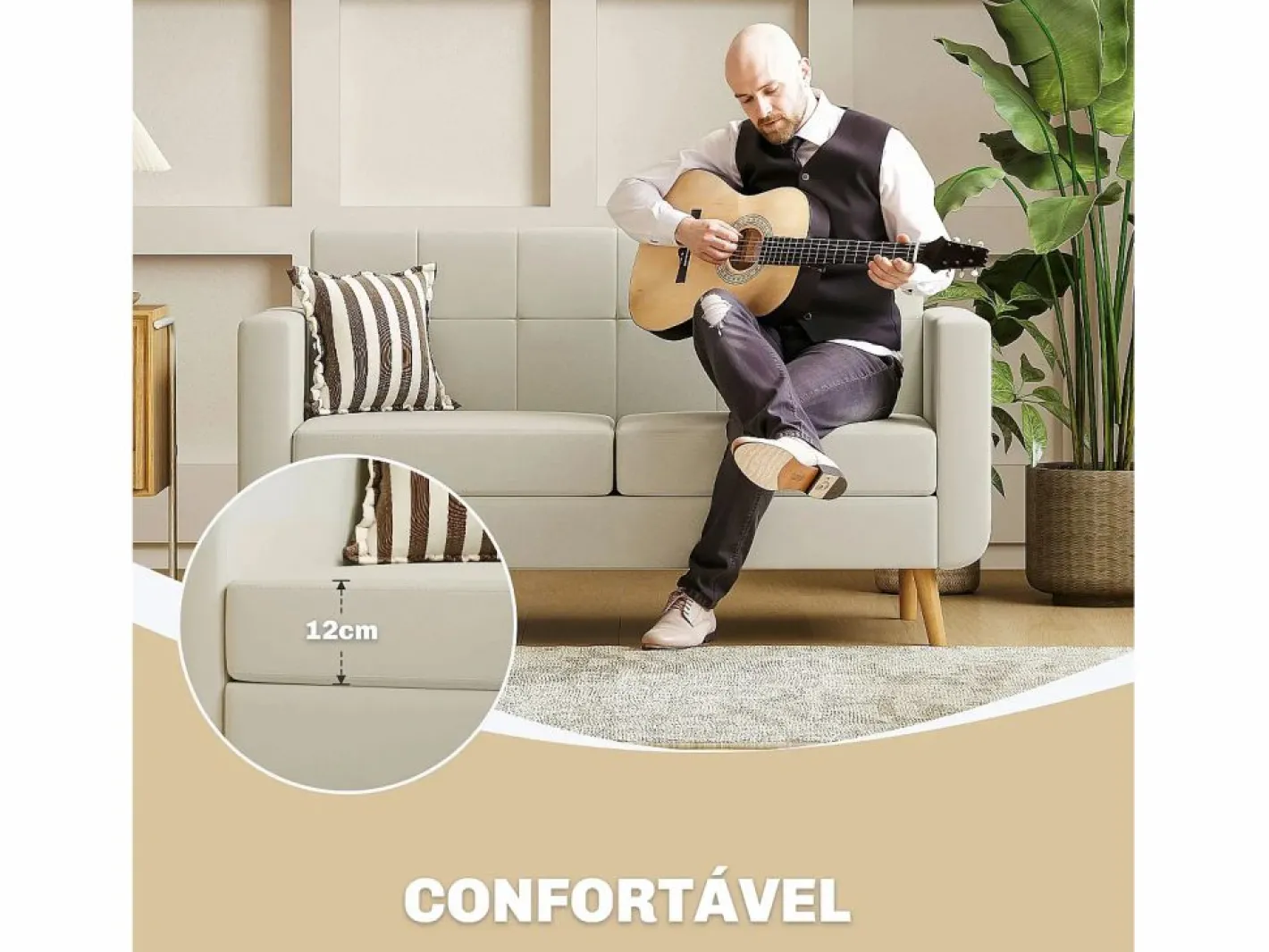 Homcom Sofá Escandinavo|Sofá Sere 2 plazas con reposabrazos crema 75x138,5x70 cm