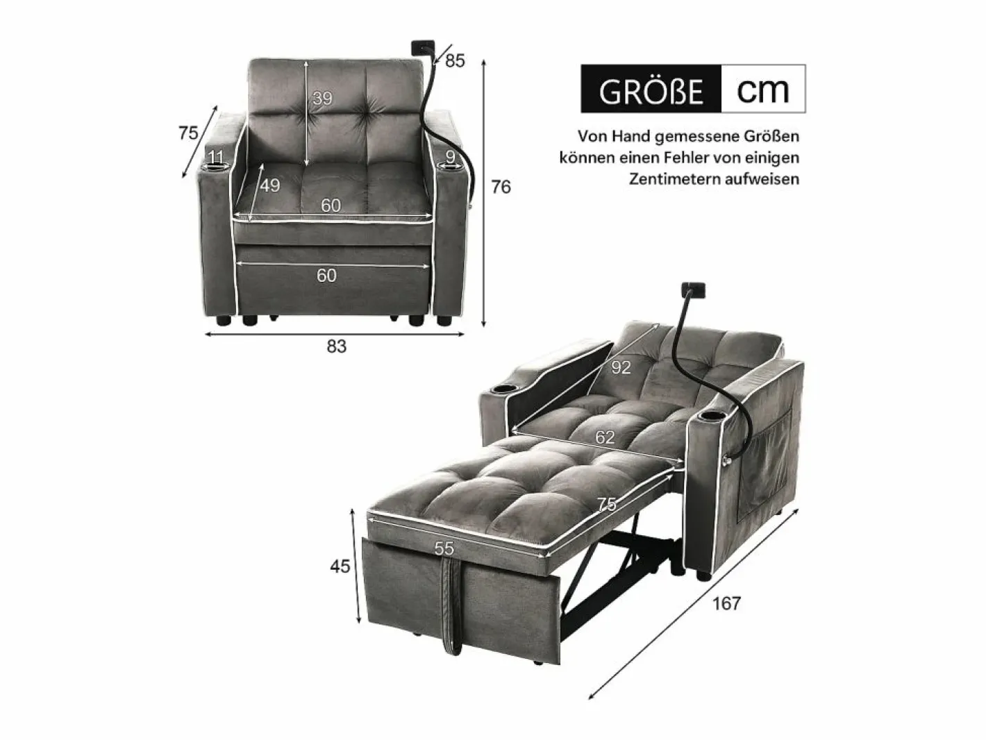 Sofá 83x167x76cm Compacto extensible Ahorra espacio Terciopelo y espuma Con portavasos soporte teléfono oscuro antiguo Gris Online