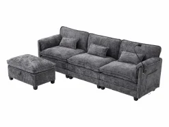 Sofá 279x83x85cm soporte para móvil integrado y puf modular tapizado chenille Gris New