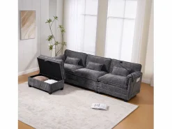 Sofá 279x83x85cm soporte para móvil integrado y puf modular tapizado chenille Gris New