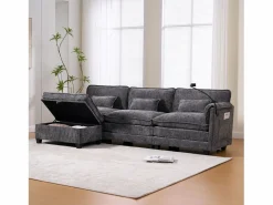 Sofá 279x83x85cm soporte para móvil integrado y puf modular tapizado chenille Gris New