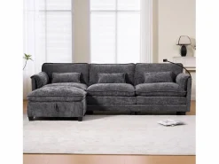 Sofá 279x83x85cm soporte para móvil integrado y puf modular tapizado chenille Gris New