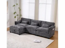 Sofá 279x83x85cm soporte para móvil integrado y puf modular tapizado chenille Gris New
