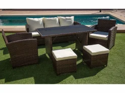 Saldosystocks Comedores De Jardín|Sofa + Mesa + 2 Sillones+ 2 pufs de Ratan PE. Muebles de Jardin y Terraza, Marron