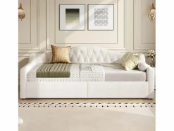 ModernLuxe Sofá-cama acolchado 140×200 cm - con tira luminosa LED - almacenamiento - con somier de láminas - Beige Discount