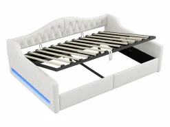 ModernLuxe Sofá-cama acolchado 140×200 cm - con tira luminosa LED - almacenamiento - con somier de láminas - Beige Discount