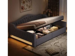 ModernLuxe Sofá-cama acolchado 140×200 cm - con tira LED luminosa - compartimento de almacenamiento - con somier de láminas - Gris Best