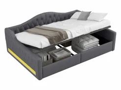 ModernLuxe Sofá-cama acolchado 140×200 cm - con tira LED luminosa - compartimento de almacenamiento - con somier de láminas - Gris Best