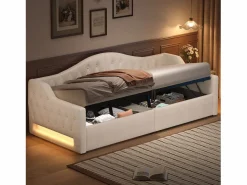 Sofá-cama acolchado 90×200 cm - con tira luminosa LED - almacenamiento - con somier de láminas -^ModernLuxe Best
