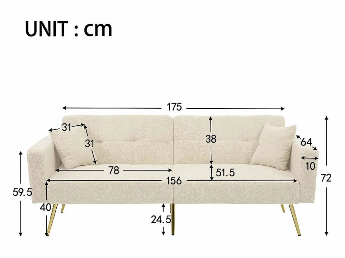 Sofá-cama con función de cama, ángulo ajustable, patas doradas, con cojines y bolsillos de almacenamiento laterales,^KOMHTOM Sale
