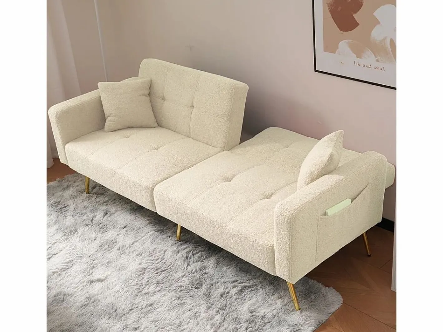 Sofá-cama con función de cama, ángulo ajustable, patas doradas, con cojines y bolsillos de almacenamiento laterales,^KOMHTOM Sale