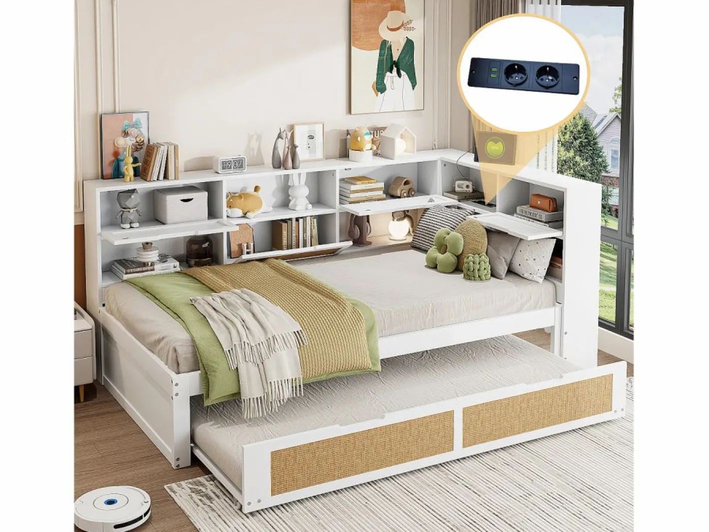 Sofá-cama em madeira maciça 90x200cm - Com cama de rodízio - Com vários compartimentos de arrumação - Com porta de carregamento - Branco (sem colchão)^ModernLuxe Discount