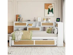 Sofá-cama em madeira maciça 90x200cm - Com cama de rodízio - Com vários compartimentos de arrumação - Com porta de carregamento - Branco (sem colchão)^ModernLuxe Discount