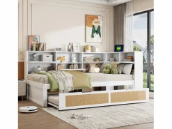 Sofá-cama em madeira maciça 90x200cm - Com cama de rodízio - Com vários compartimentos de arrumação - Com porta de carregamento - Branco (sem colchão)^ModernLuxe Discount
