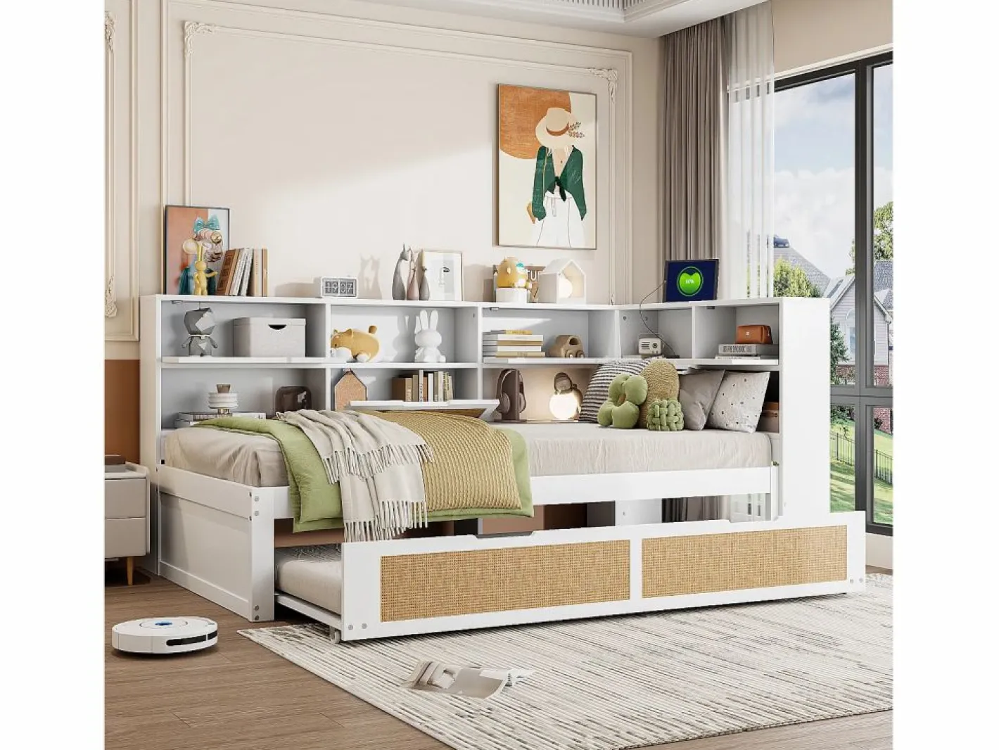Sofá-cama em madeira maciça 90x200cm - Com cama de rodízio - Com vários compartimentos de arrumação - Com porta de carregamento - Branco (sem colchão)^ModernLuxe Discount