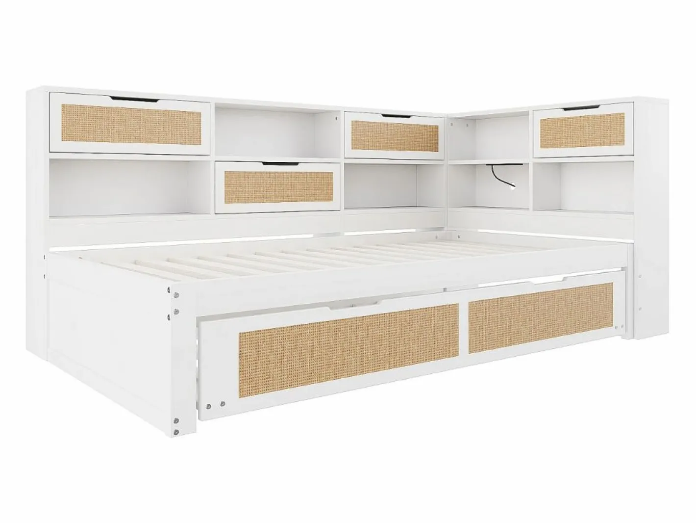 Sofá-cama em madeira maciça 90x200cm - Com cama de rodízio - Com vários compartimentos de arrumação - Com porta de carregamento - Branco (sem colchão)^ModernLuxe Discount