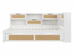 Sofá-cama em madeira maciça 90x200cm - Com cama de rodízio - Com vários compartimentos de arrumação - Com porta de carregamento - Branco (sem colchão)^ModernLuxe Discount