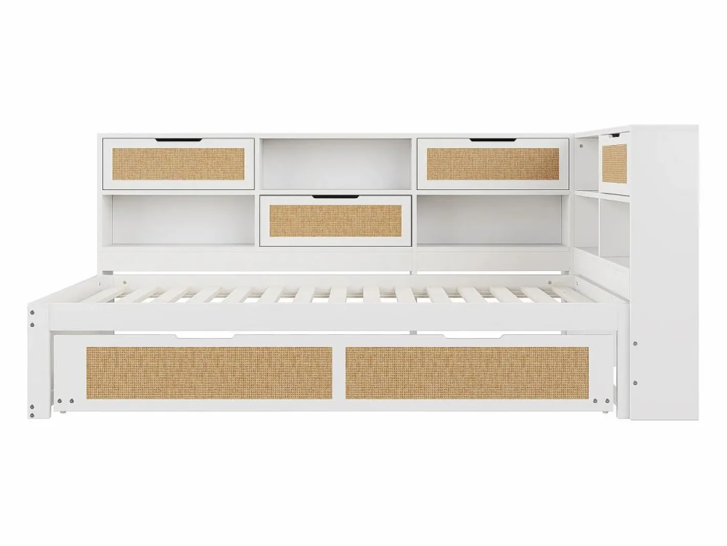 Sofá-cama em madeira maciça 90x200cm - Com cama de rodízio - Com vários compartimentos de arrumação - Com porta de carregamento - Branco (sem colchão)^ModernLuxe Discount