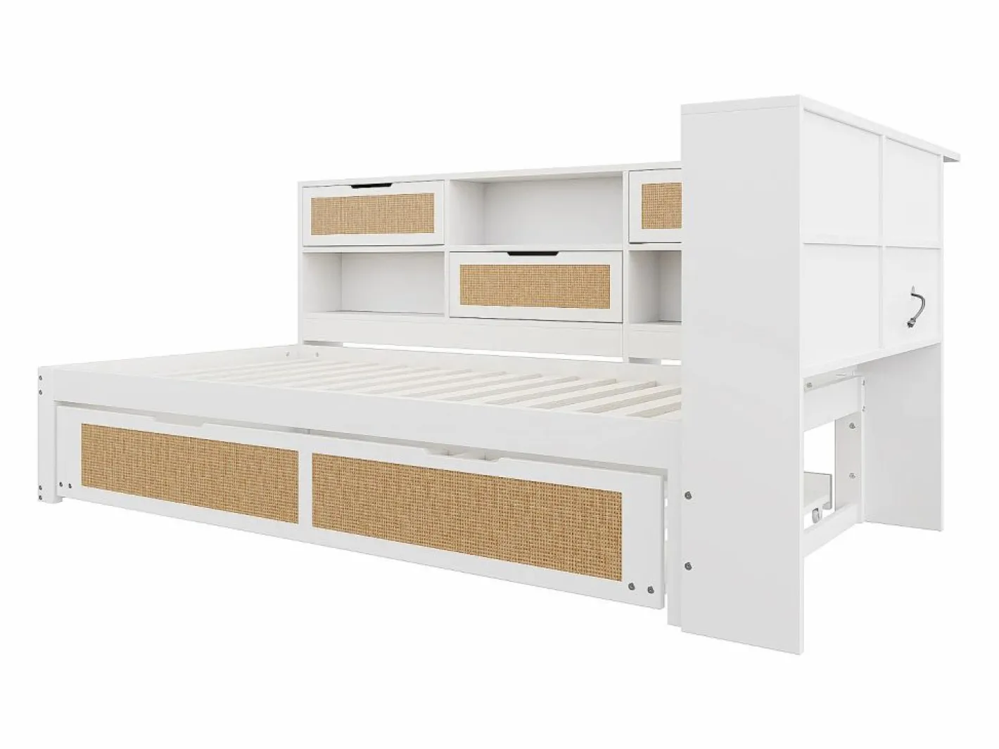 Sofá-cama em madeira maciça 90x200cm - Com cama de rodízio - Com vários compartimentos de arrumação - Com porta de carregamento - Branco (sem colchão)^ModernLuxe Discount