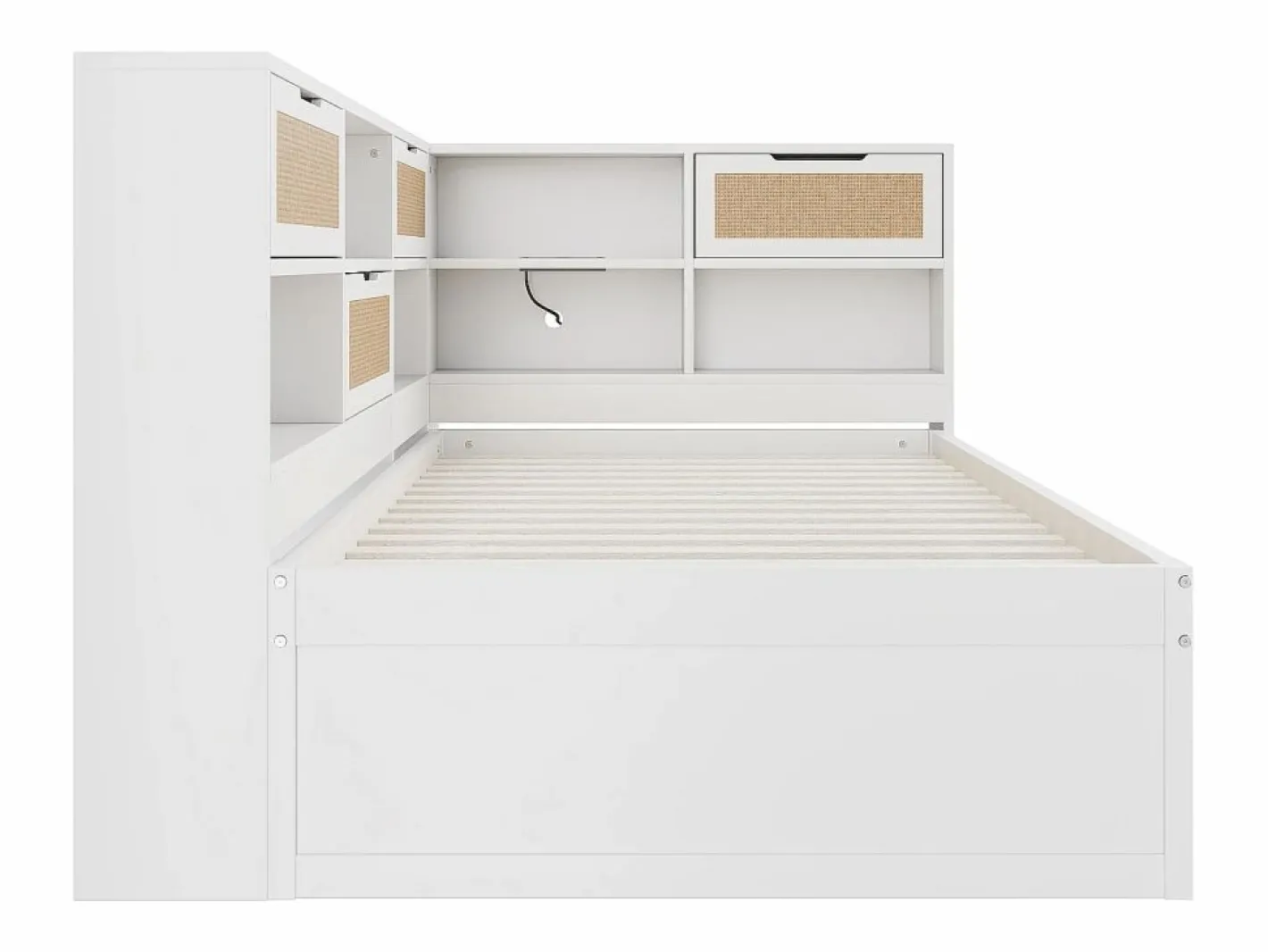 Sofá-cama em madeira maciça 90x200cm - Com cama de rodízio - Com vários compartimentos de arrumação - Com porta de carregamento - Branco (sem colchão)^ModernLuxe Discount