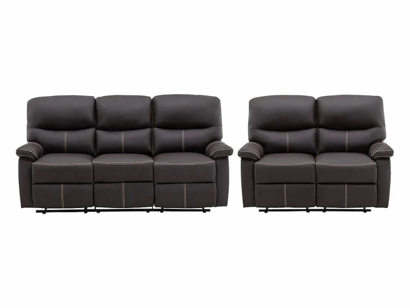 Vente-unique Conjunto Sofás|Sofás 3+2 relax: manual de piel sintética marrón pespuntes beige CANBY